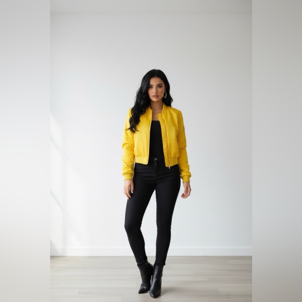 SWS Outerwear Bright Yellow Satin Bomber Jacket Puff Sleeve Zip Up Size L